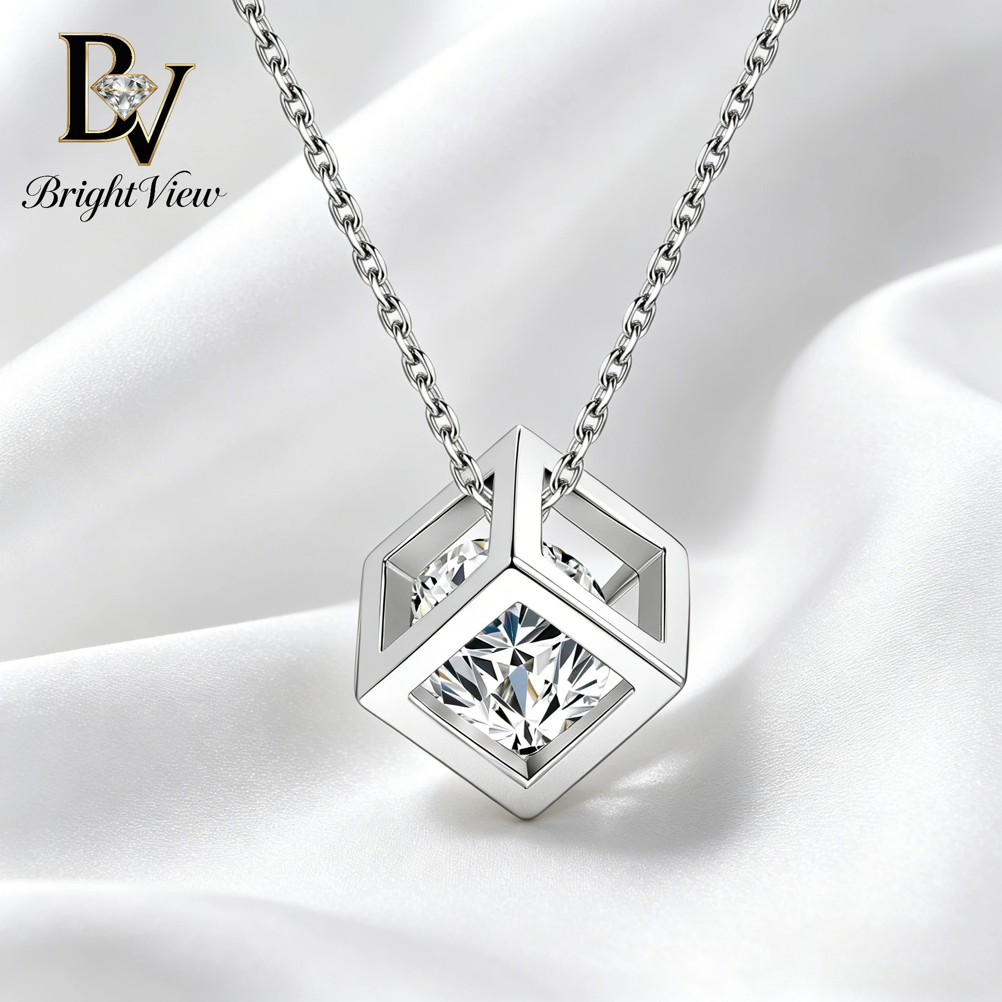 

BrightView S925 Sterling Silver Moissanite Necklace for Women 6.5mm Magic Cube Pendant Hypoallergenic Fine Jewelry Gift
