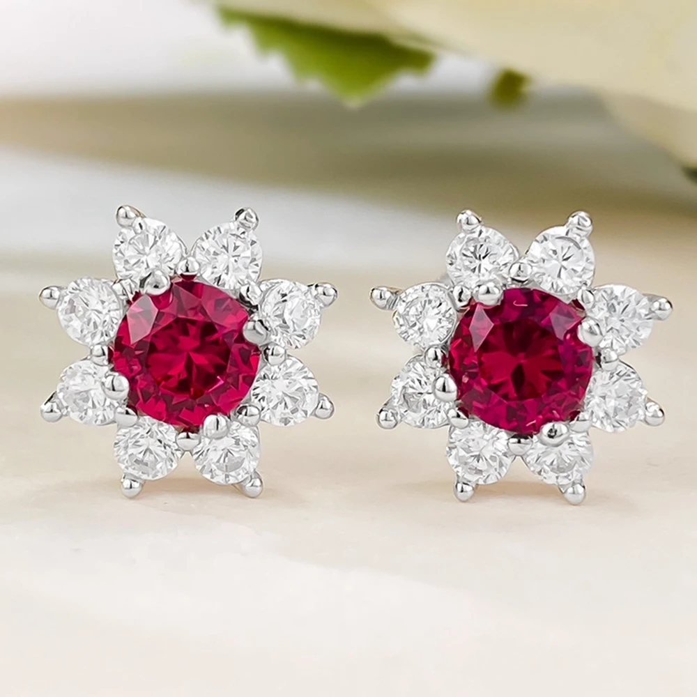 Vinregem 5MM Round Cut Ruby High Carbon Diamond Gemstone Vintage Flower Ear Studs Earrings 925 Sterling Silver Jewelry Wholesale