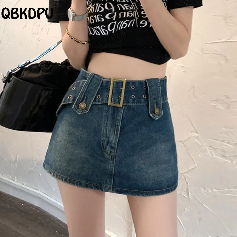 

Vintage Sashes Mini Denim Skirts Women New Summer Lined Sexy A-Line Skirt Trendy High Waist Slim Super Short Jeans Faldas Mujer