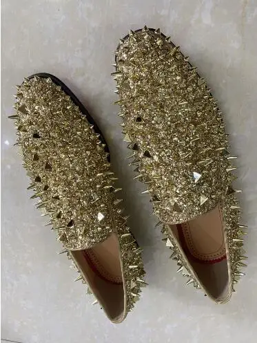 Hot Green Gold Long Spike Rivet Glitter Round Toe Flat Loafers Man Fashion Slip On Shallow Low Top Outdoor Casual Shoes Size 47