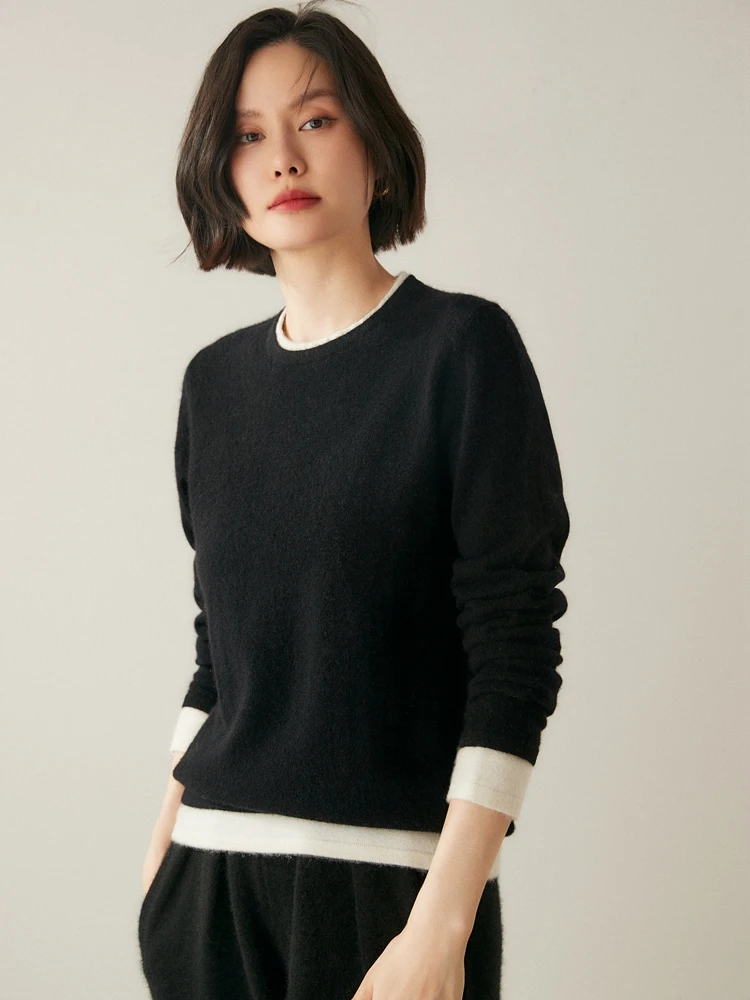 Suéter falso de dos mujeres de alta calidad, jersey con cuello redondo, 100% de punto de Cachemira, Otoño Invierno, ropa Popular Coreana suave básica, Tops