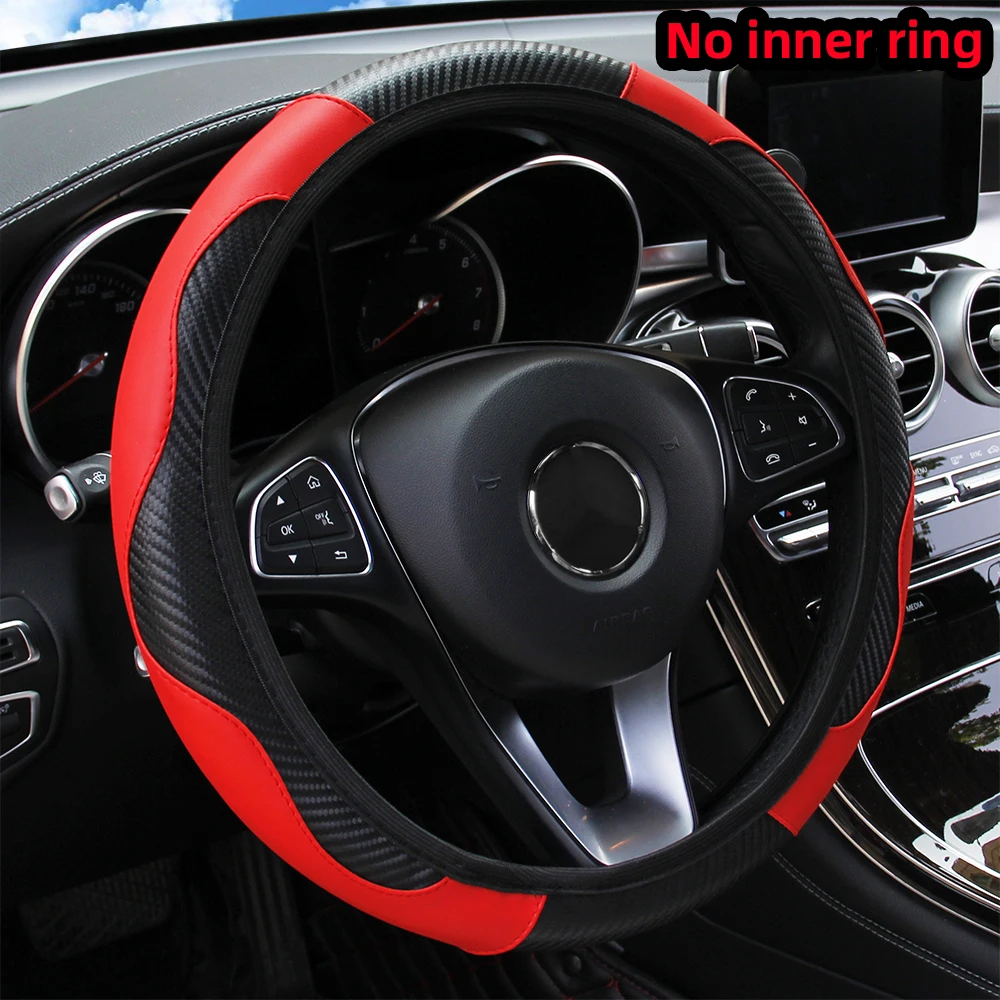 PU Carbon Fiber Leather Car Steering Wheel Cover without Inner Ring Suitable for 14.5-15 Inches of Automotive Supplies