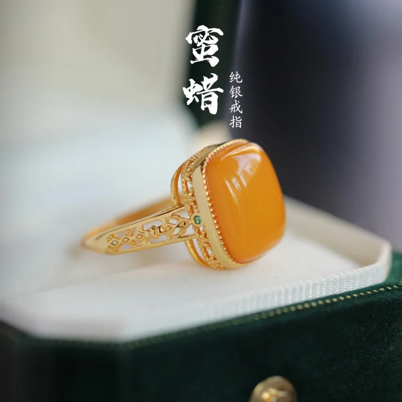Women, Natural , Chicken Fat Yellow Sugar Cube Ring, 925 Sterling Silver Amber