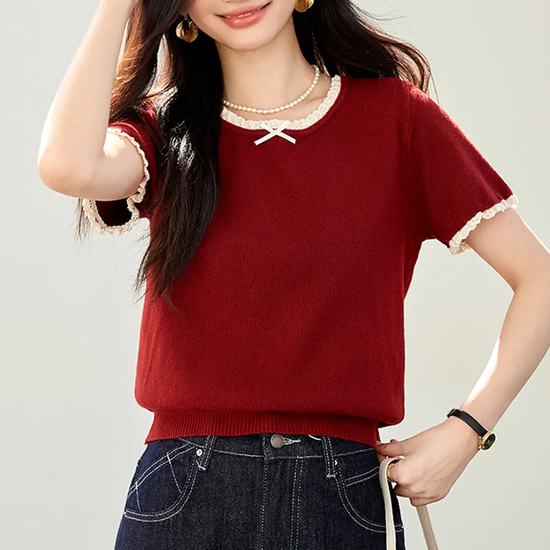 

Sweaters Fashion Summer Short Sleeve Knitted Sweater Women Pullovers O-Neck Bow Knit Sweater Pullover Women Tops Knitwears Q4908