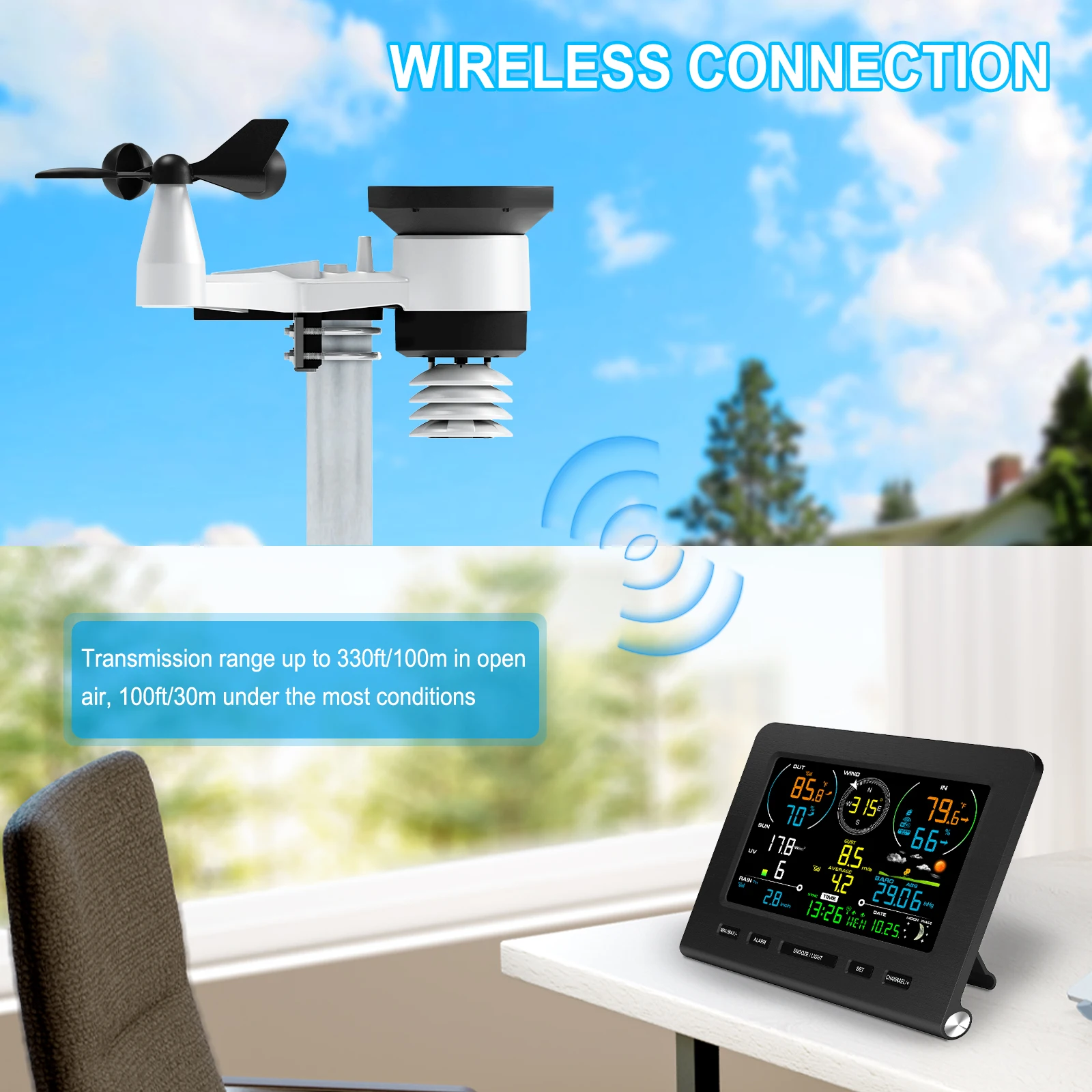 8-in-1 WiFi Wireless Weather Station with Solar Power Mobile App Indoor/Outdoor Weather Monitor Forecast Rain/Wind/UV Sensor