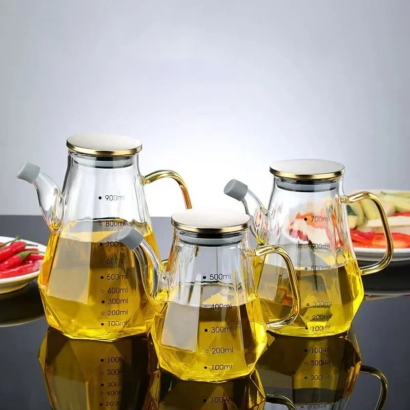 JUSTINLAU Glass Oil Pots 500/700/900ml Leak Proof Diamond Oil Bottle with Scale/Lid Sauce Vinegar Condiment Storage Container