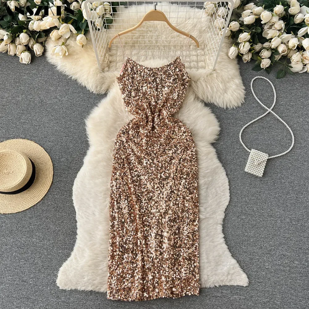 เซ็กซี่เลื่อมแวววาวคนดังชุดเอี๊ยมผู้หญิงหรูหราระดับไฮเอนด์ชุดราตรีกระโปรงแนวโน้ม