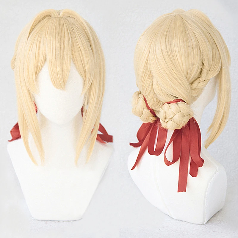 Violet Evergarden Ponytail Braid Buns Blonde Hair Heat Resistant Cosplay Costume Wig + Wig Cap + Ribbon