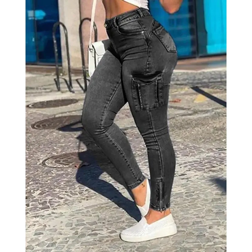 

Women's Summer 2025 Faion Color Butt Denim Pants High Waist Straight Leg PU Fabric Ladies Jeans Trendy Casual Trousers
