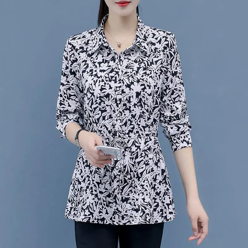 Pendolarismo camicia stampata con fiori spezzati primavera autunno manica lunga elegante fiocco con coulisse abbigliamento donna camicetta monopetto