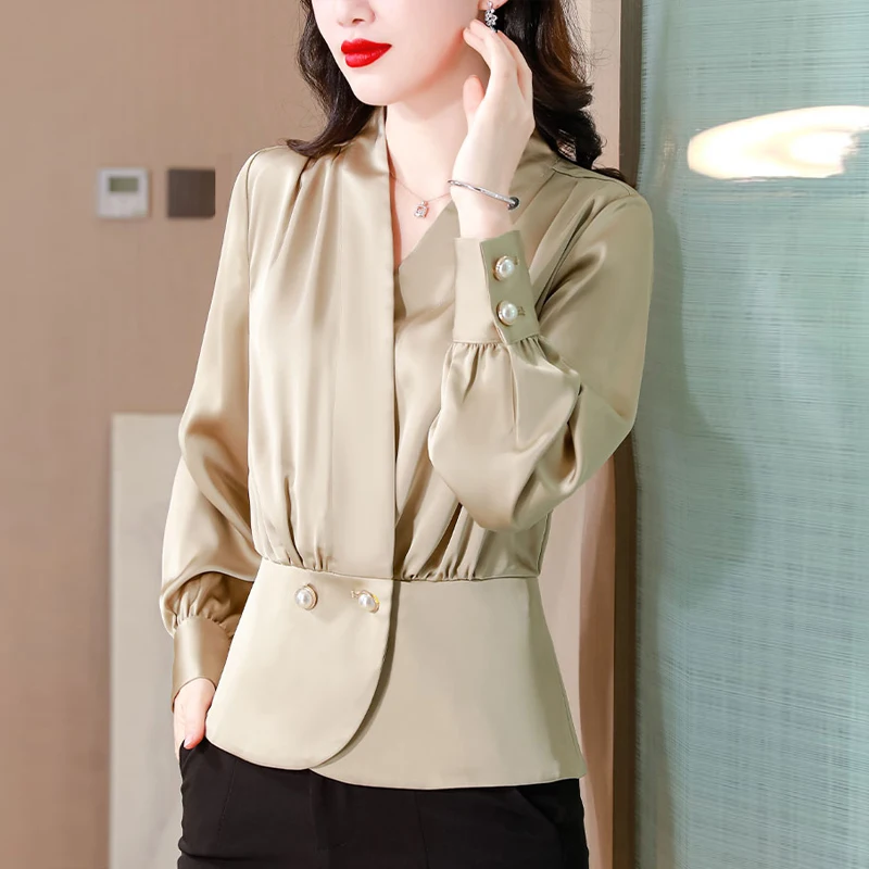 

Office Ladies Blouses Shirts Elegant Satin Women Blouse Sexy V neck Casual Solid Long Sleeve Spring Summer Female Casual Tops