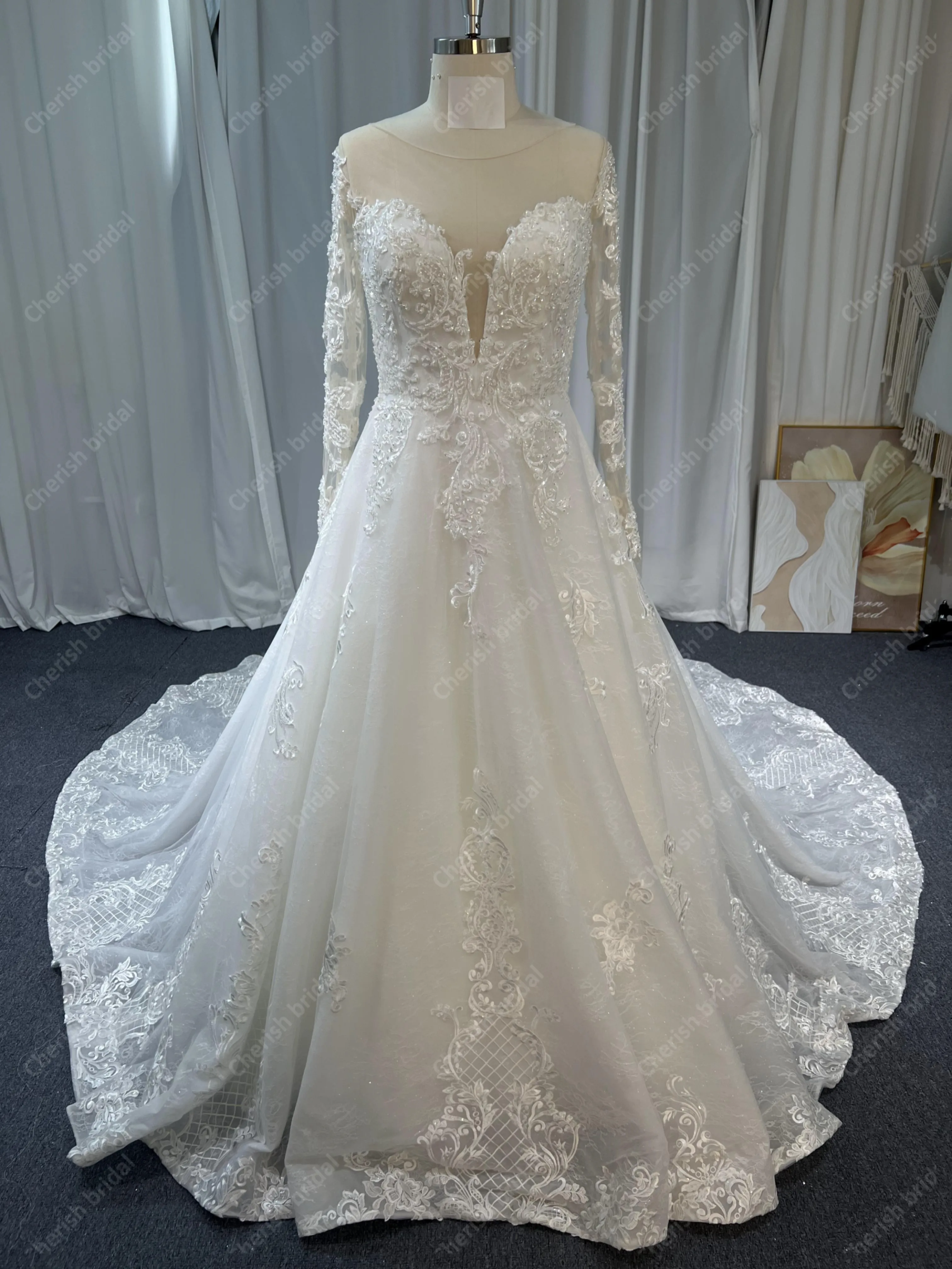 

2024 New Design Wedding Dress Handmade Lace Applique and Beading Bridal Gown Long Sleeves Lace Up Luxury Wedding Dresses