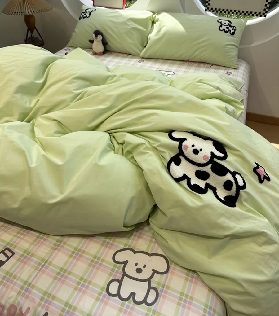 

Cute cartoon embroidery dog green plaid bedding set,twin full queen fresh cotton home textile bed sheet pillow case quilt cover