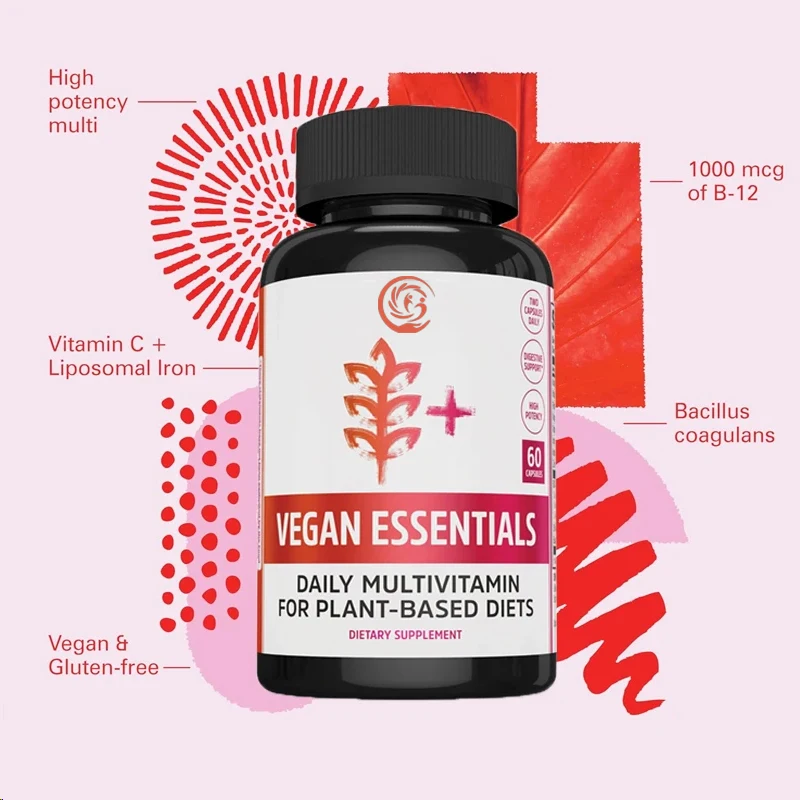 Vegan Essentials multivitamin supplement, energy, immune system function, liposome iron, 60 vegetarian capsules
