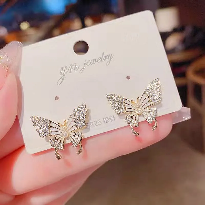 Inlaid Zircon Crystal Silver Colour Butterfly Earrings Women's Personality Fashion Earrings Wedding Jewelry Birthday Gifts