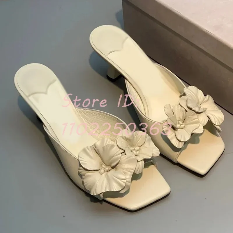 

French Style Flowers Kitten Heels Slippers Square Open Toe Solid Leather Sexy Med Heeled Sandals 2024 Women Elegant Dress Shoes
