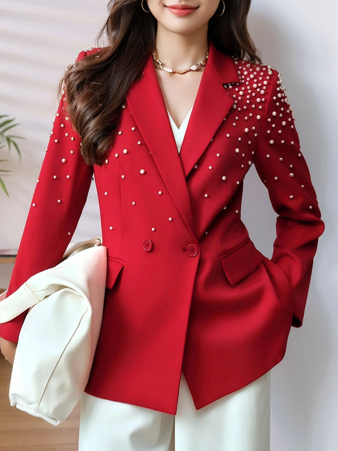 

Red Pearl-Embellished Blazer Double-Breasted Notched Lapel Premium Professional Formal Suit