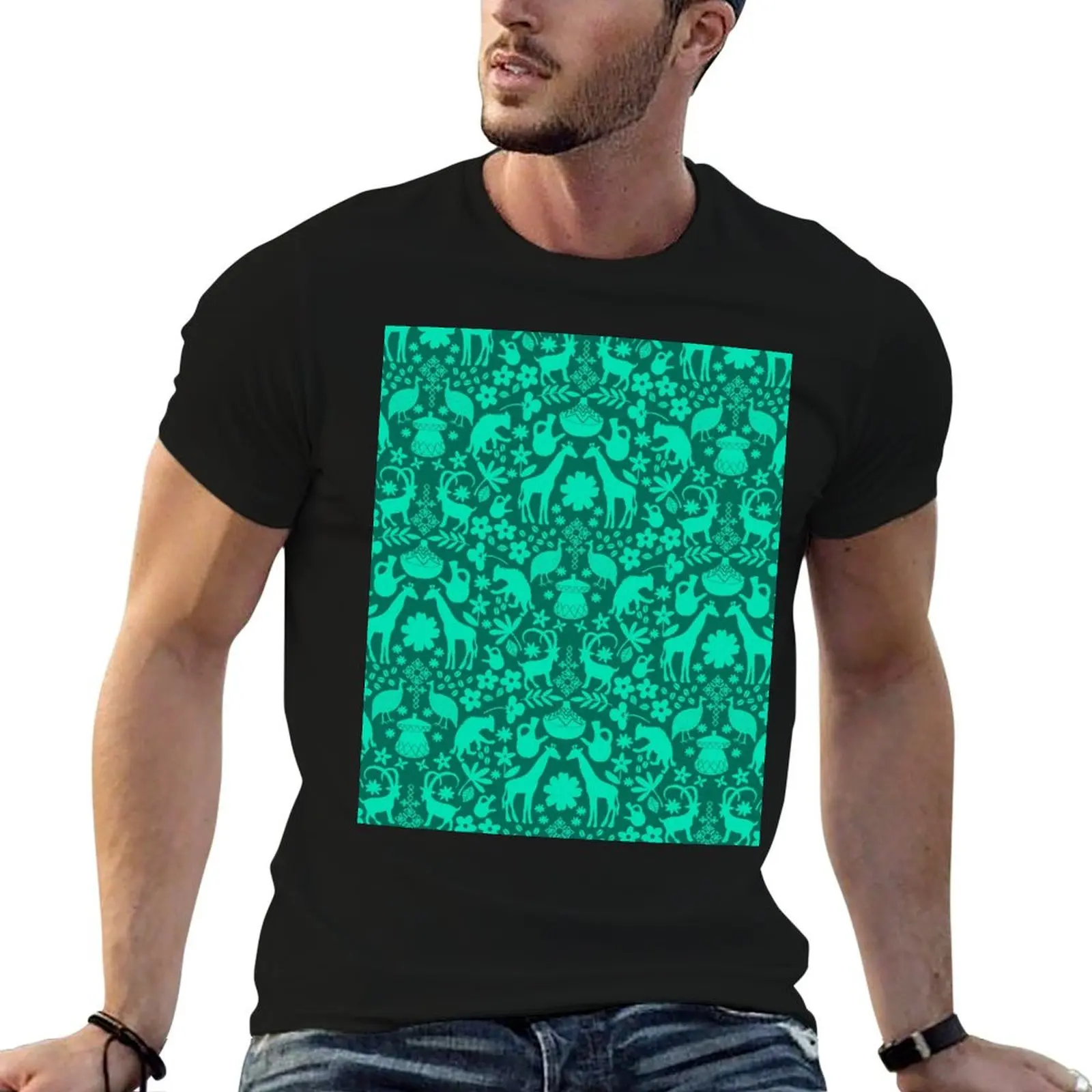 Ethiopian designs repeating pattern in teal green T-Shirt Casual Loose Short Sleeve Tee for Men
