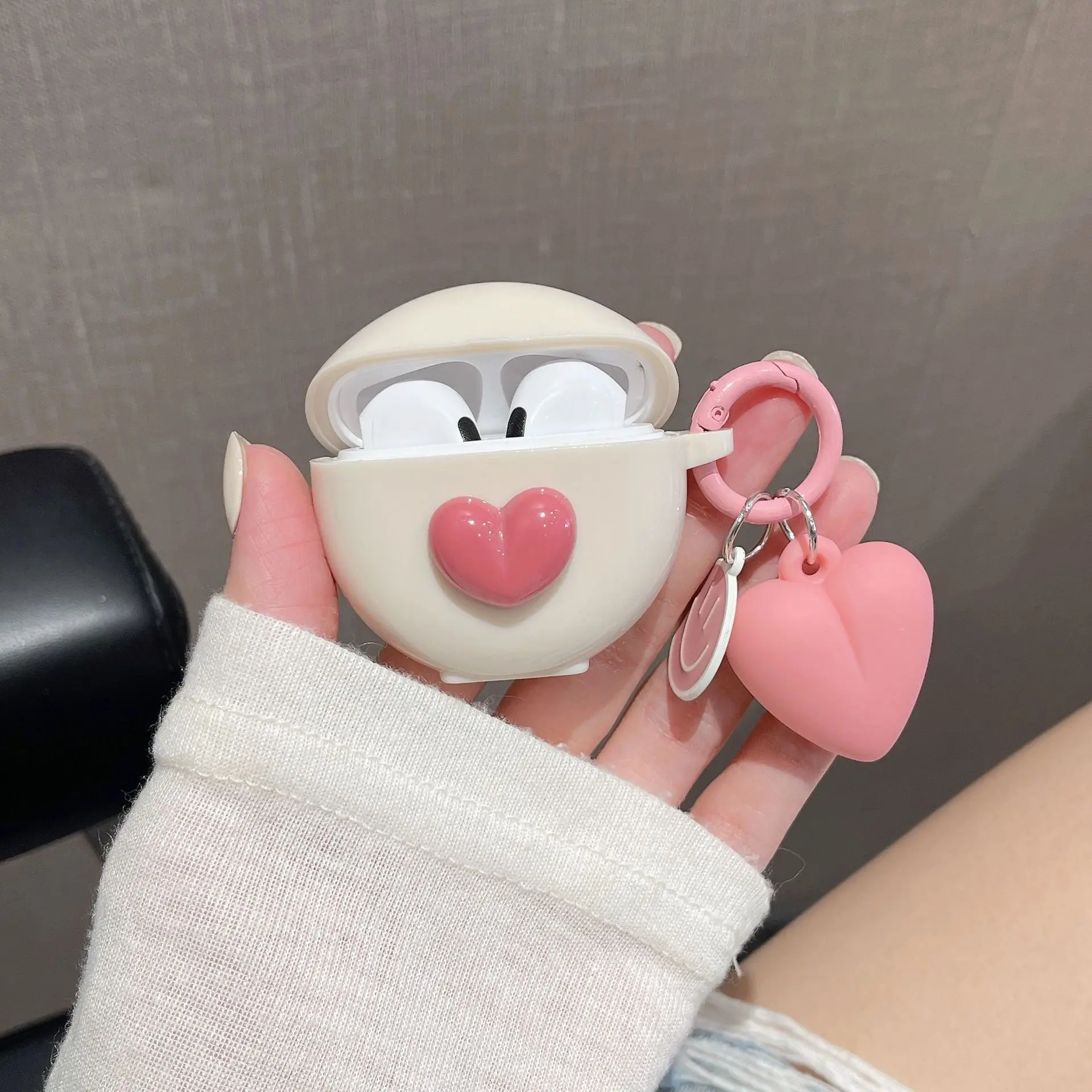 Étui de luxe pour écouteurs Lenovo HT38 TWS, avec nœud en forme de cœur d'amour, housse de protection beige mignonne pour Air Pro 6 TWS, avec porte-clés