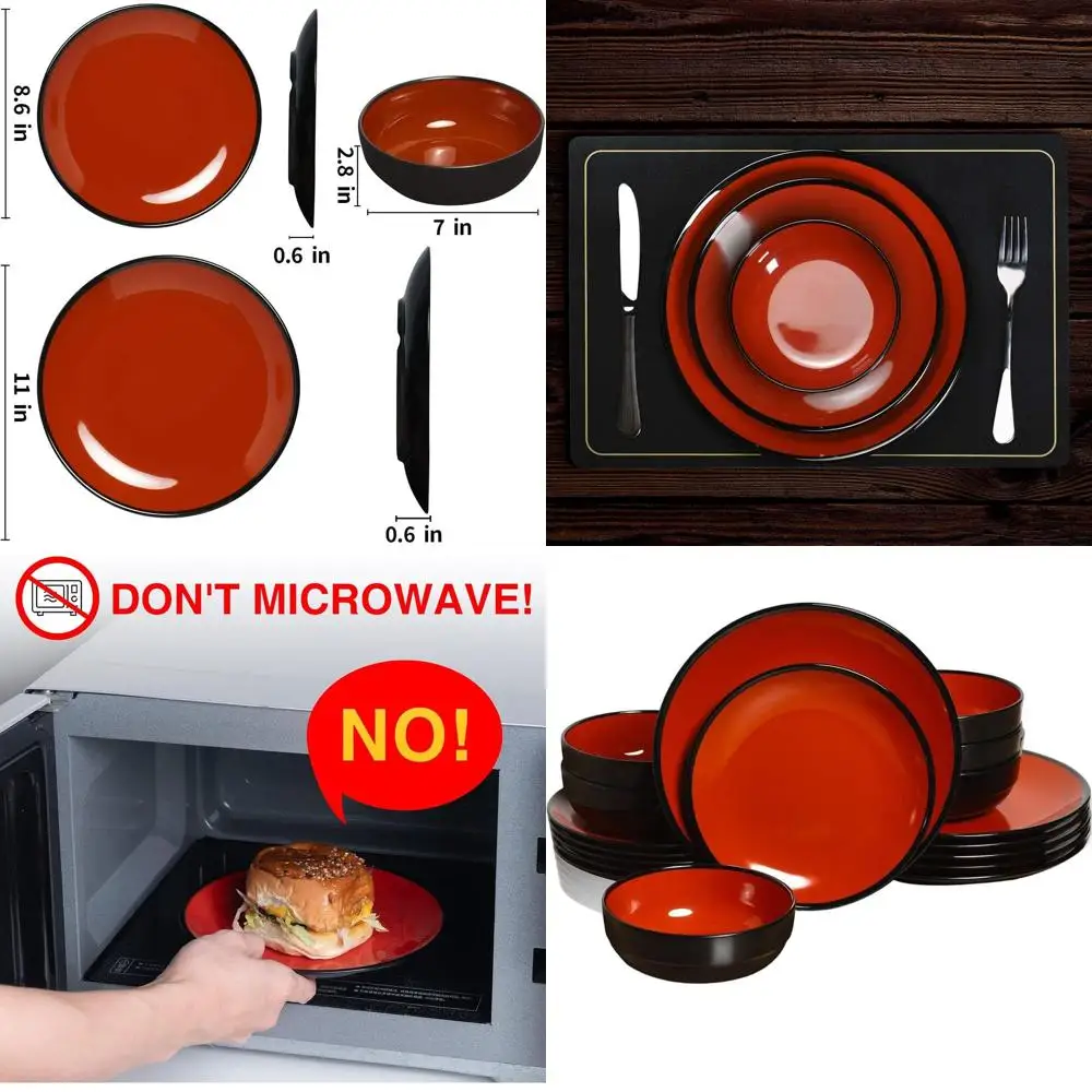 

Набор столовой посуды из меламина на 6 человек с мисками и тарелками, прочный и легкий, черный и красный дизайн