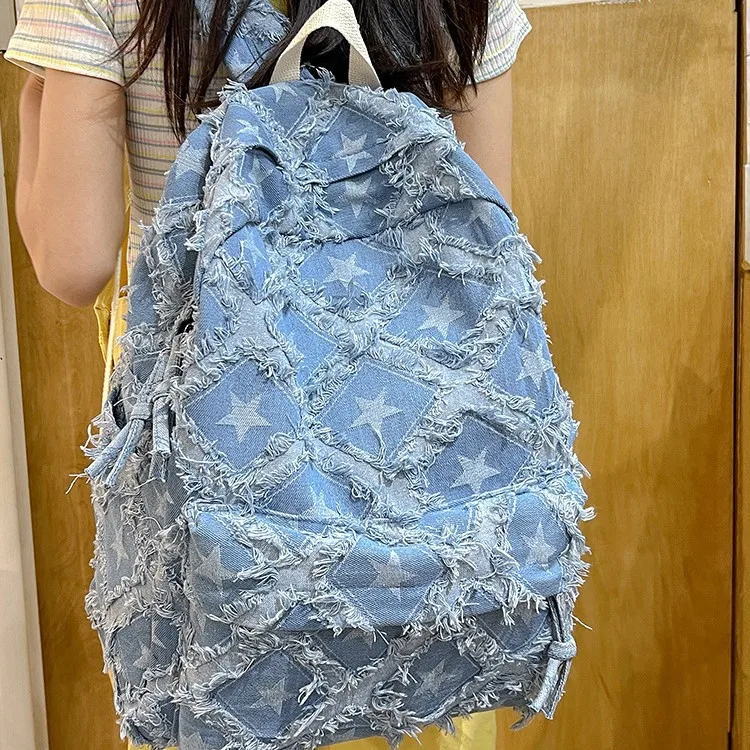 

2026 Rough Selvedge Tassel Vintage Punk Denim Backpack Man Woman Korean Fashion School Bag Outdoor Travel backpacks рюкзак Bolso