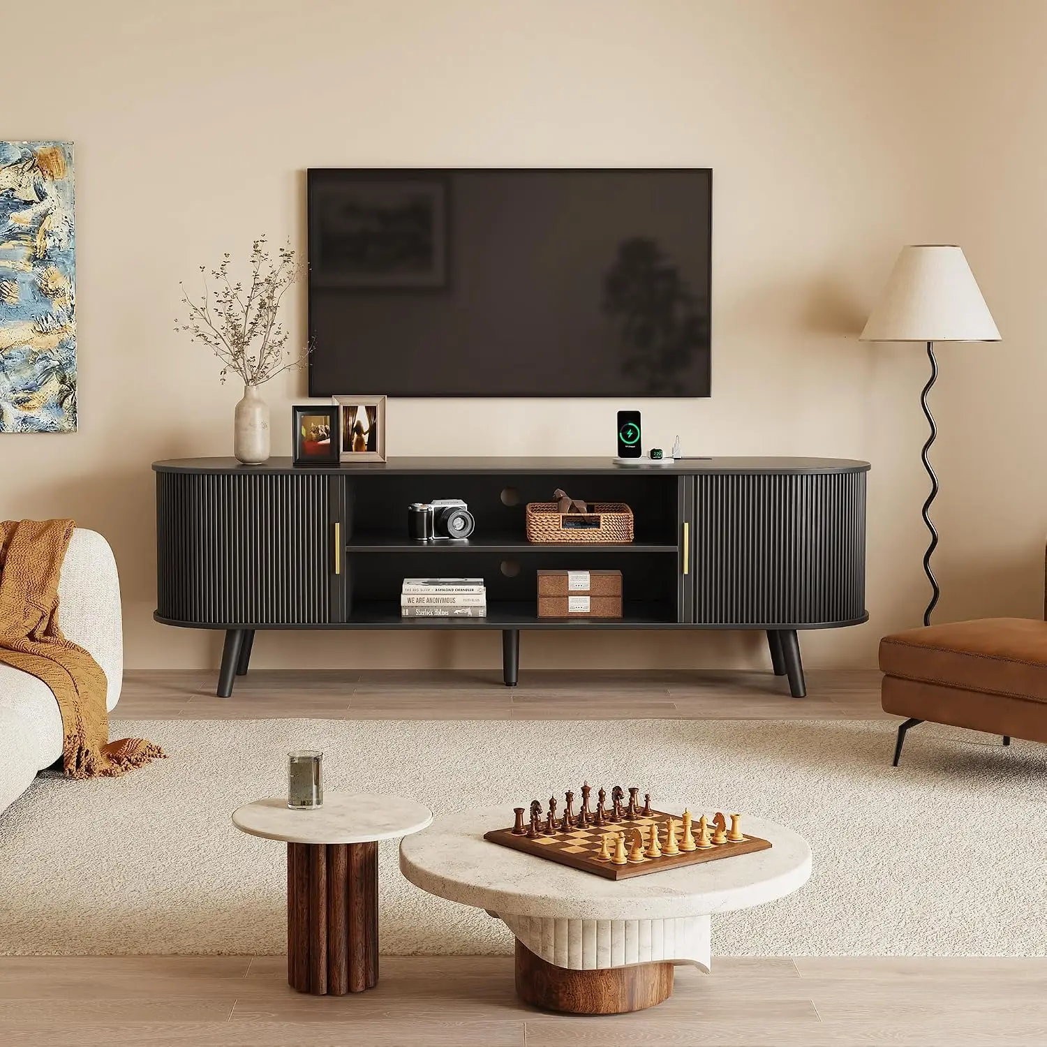 63 Inch Fluted TV Stand for 55 65 Inch TV, Console with Power Outlets & USB-C Port, Entertainment Center Storage Curved Doors