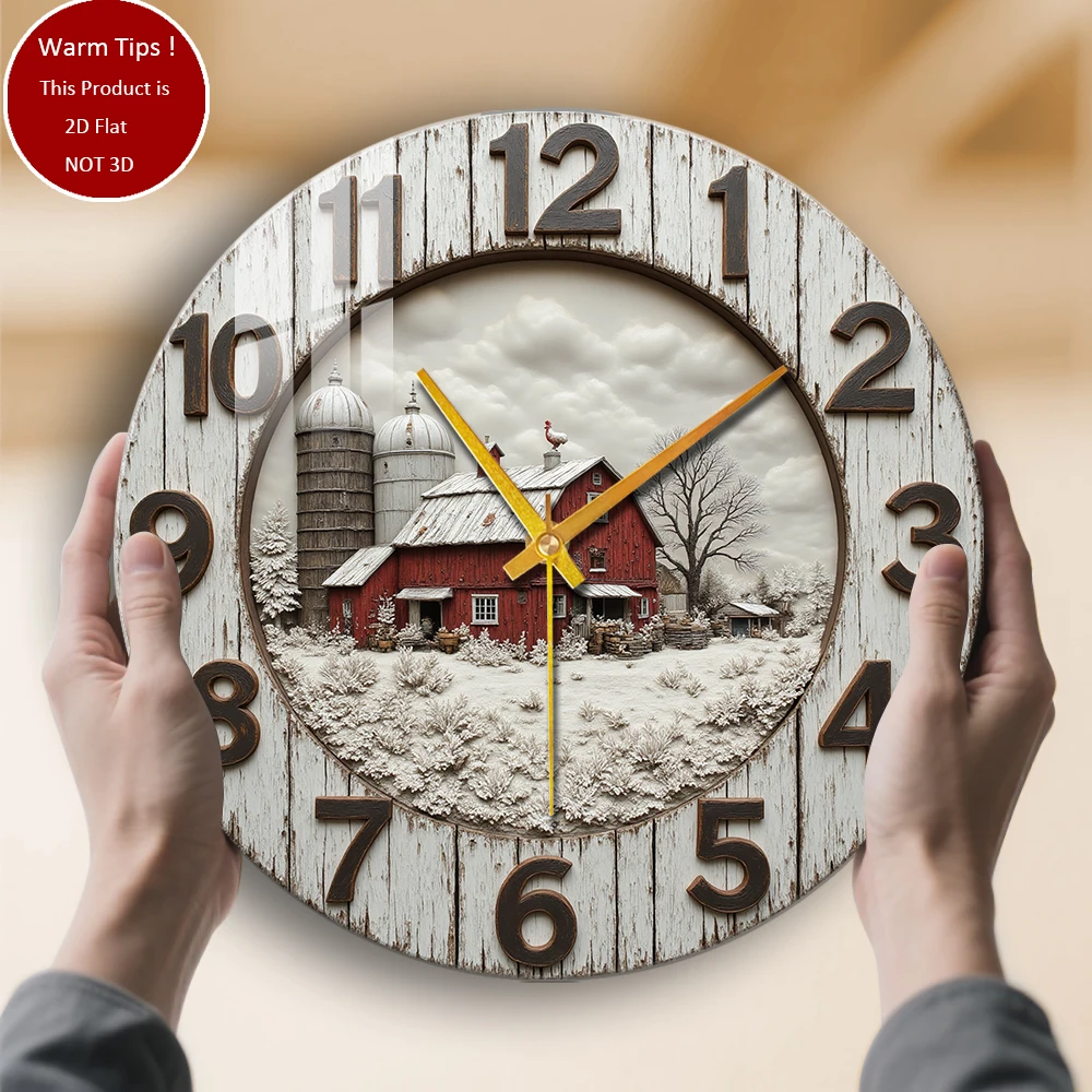 

Настенные часы из закаленного стекла, красный сарай, снежная ферма, сцена, подходит для декора стен или настольного дисплея в любом месте