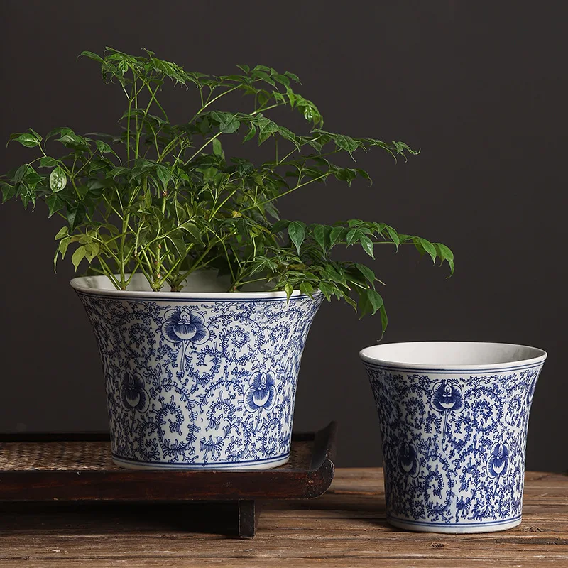 Blue And White Porcelain Arabesque Pattern Antique Ceramic Pattern Square Ceramic Flower Pot Household Butterfly Orchid Pot