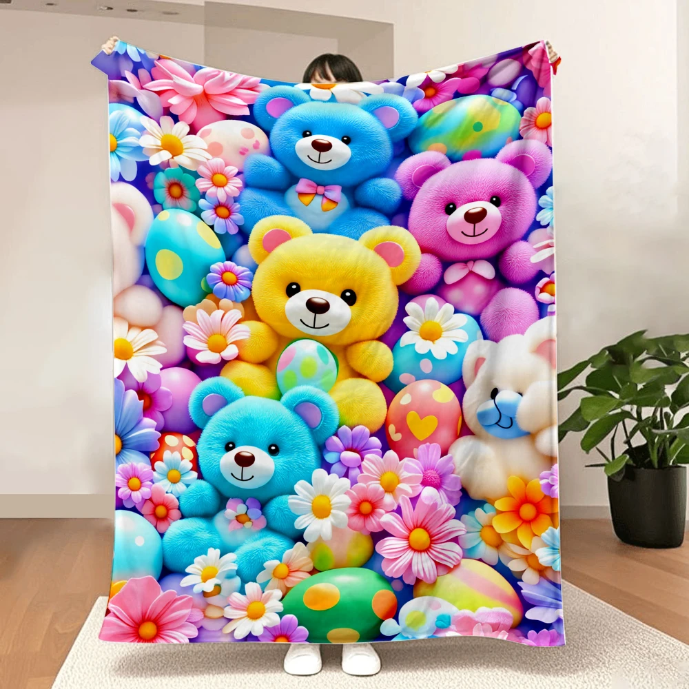 1PC colorful Teddy Bear and colorful Flower Print Blanket-Made of Soft and Fluffy Flannel, Perfect for Sofas, Beds or Recliners.