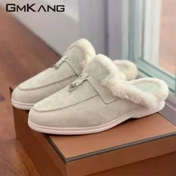 New Kid Suede Slippers Women Metal Lock Pendant Flat Shoes Woman Round Toe Casual Mules Winter Wool Slides Walk Shoes Women