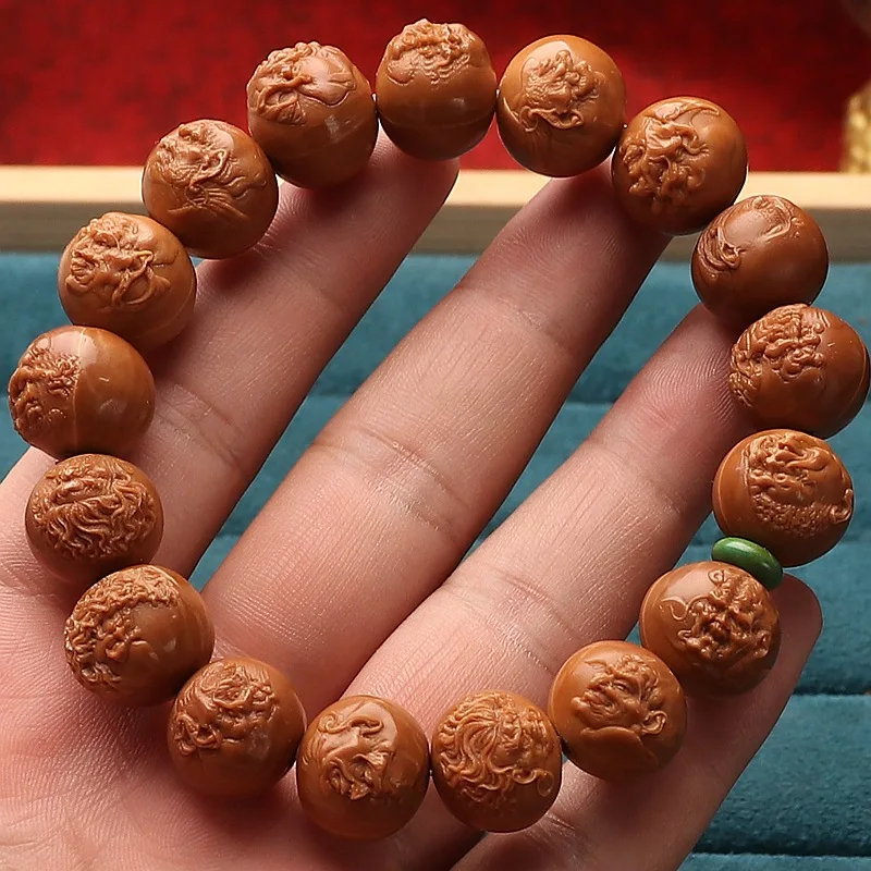 

Natural Monkey Walnut Bracelet Crafts Peach Pit Carved Single-Sided Realistic Relief Eighteen Disciples of the Buddha S