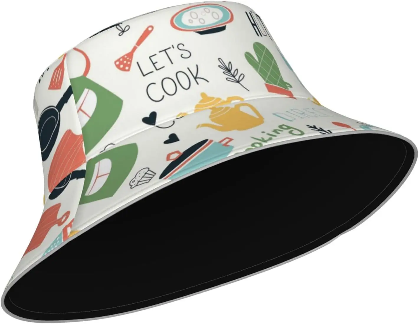 Let's Cook Kitchen Pattern Bucket Hat Cute Cooking Utensils Print Fisherman Hat Fashion Sun Hat for Women Girls Cooking Lovers