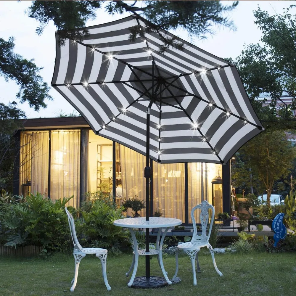 9' Solar 24 LED Lighted Umbrella with 8 Ribs Adjustment and Crank Lift System for Patio - Black and White