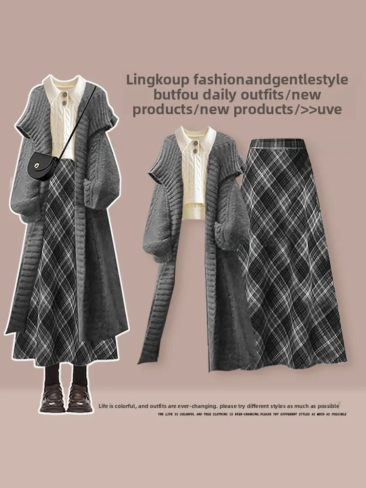 

Sli plus Size Winter Knitted Set Women's Vintage Open Cardigan Sweater with Slimming Plaid Skirt Tee Piece Set
