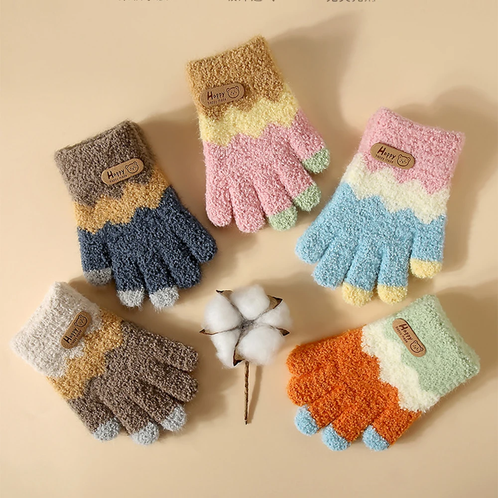 2-5 Year Old Winter Knitted Plush Cartoon Children's Gloves Cold Resistant Full Finger Gloves Cute Teddy Bear Woolen Warm Gloves