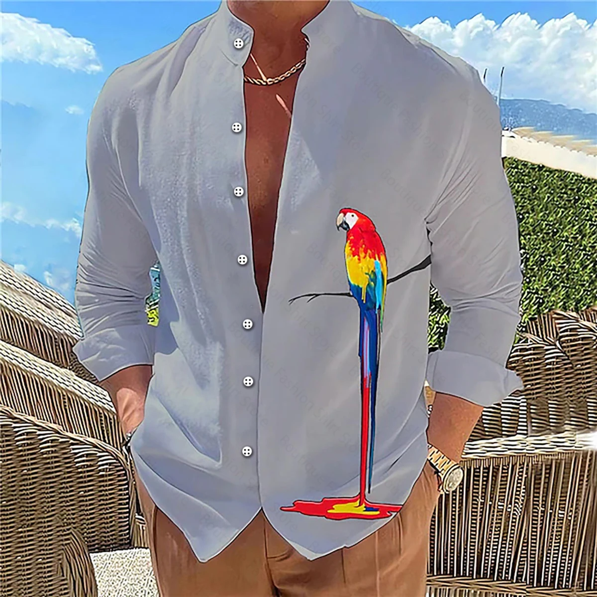 Men\'s shirt parrot pattern 3D printing stand collar outdoor street long sleeve shirt clothing fashion casual comfortable