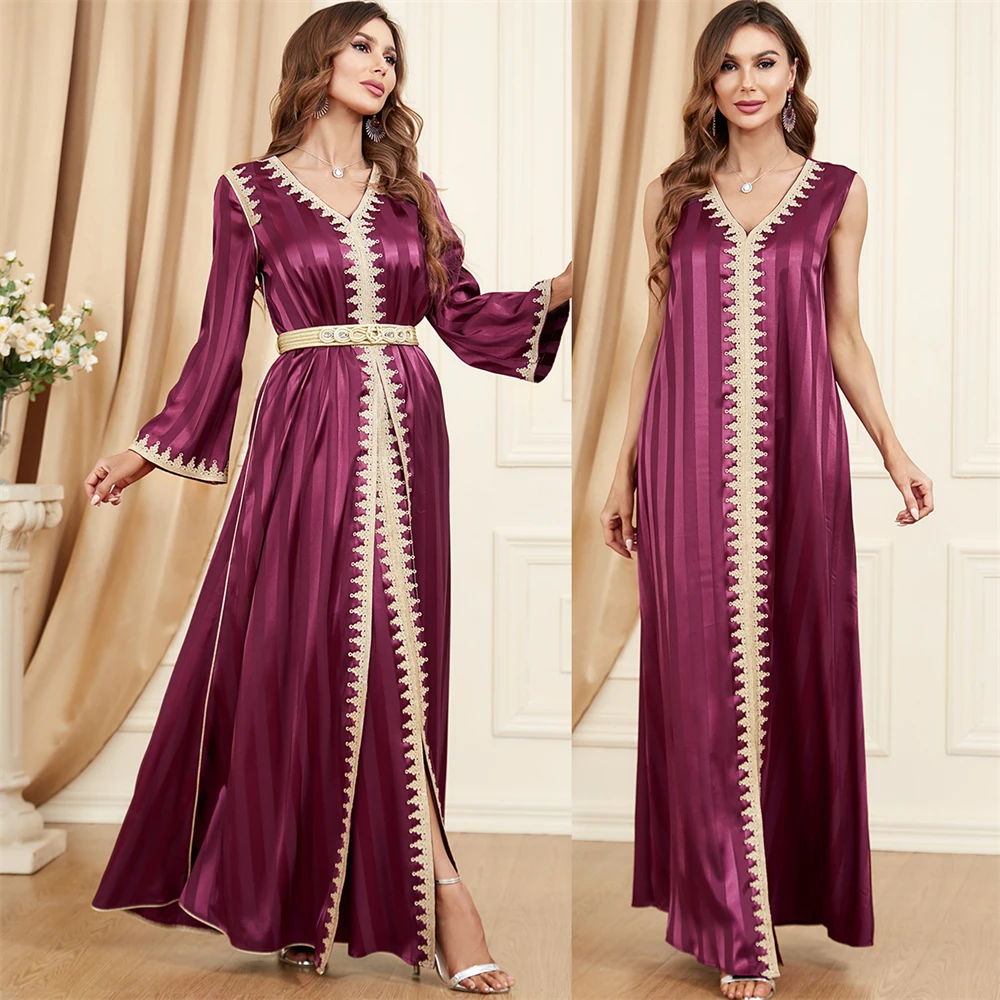 Two Pieces Abaya Set Women Vest Long Dress with Outerwear Abaya Satin Stripe Muslim Moroccan Caftan Arabic Oman Dubai Jalabiya