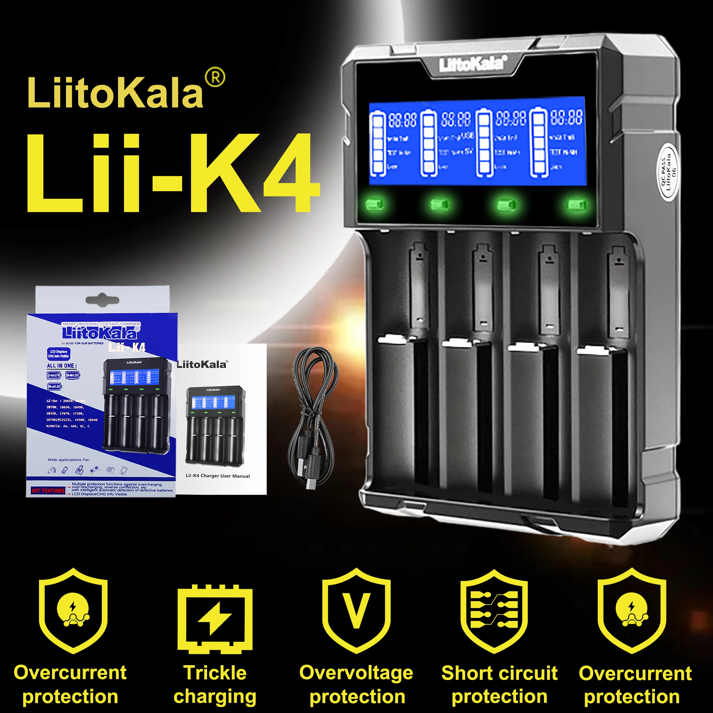 Liitokala Lii-K4 4-Slot Lithium Battery Charger Compatible with 18650 26650 21700 Models Rechargeable Battery Charger