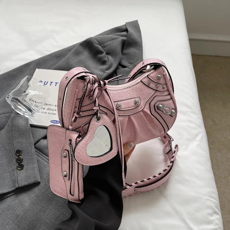 حقيبة ظهر للأطفال مكونة من ثلاث قطع من جلد التمساح عالي الجودة بتصميم كلاسيكي متقاطع للدراجة النارية.