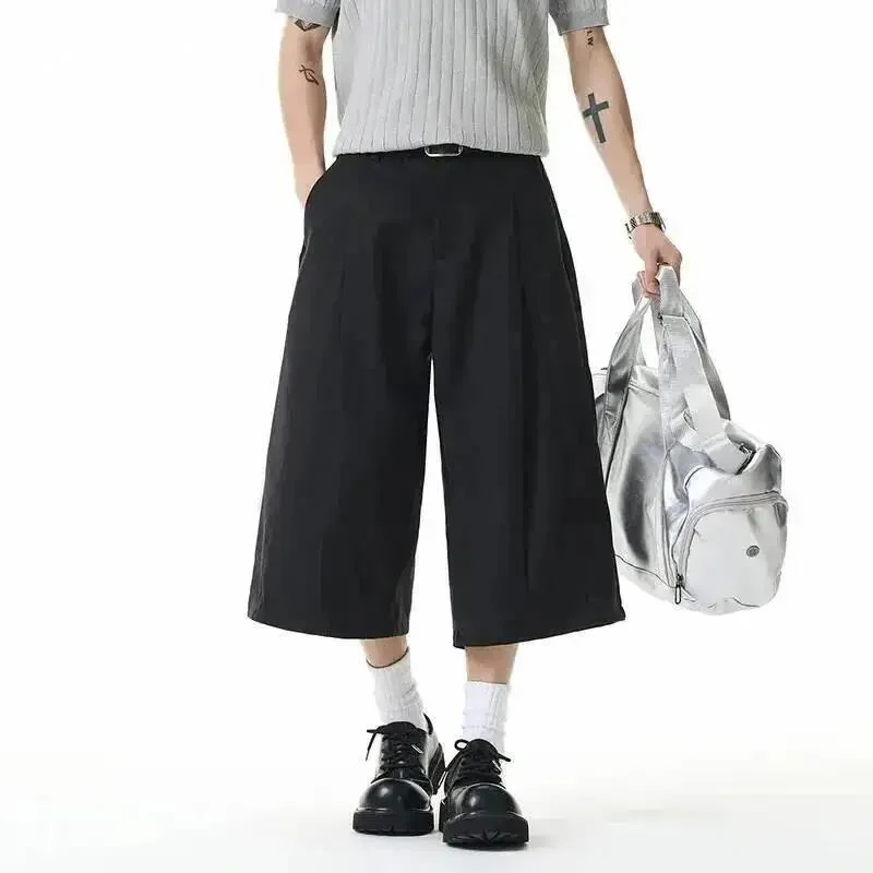 Formal Men's Pleated Shorts Korean Style High Waist Loose Wide Leg Casual Black Knee Length Pants Summer New 9XGDZT