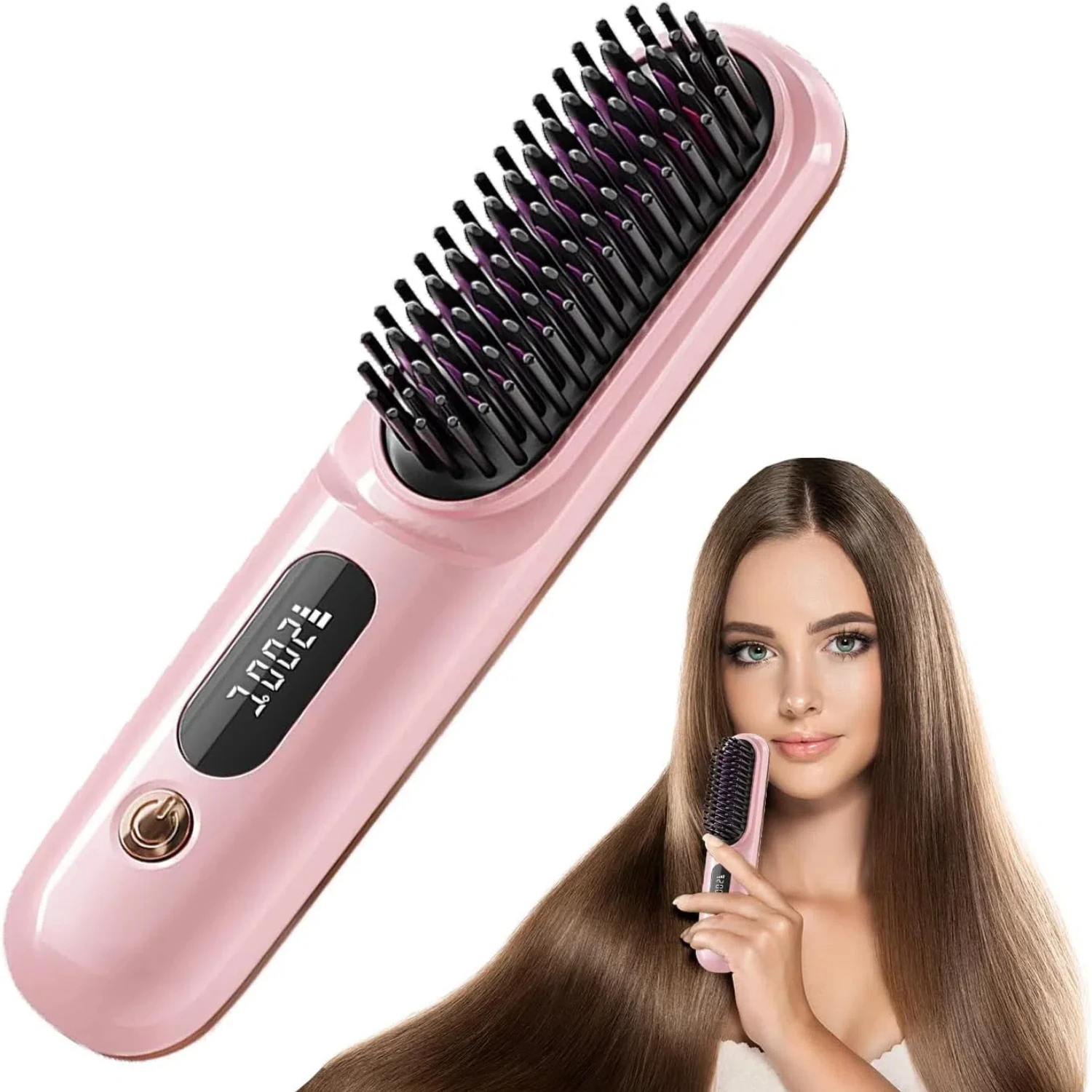

Cordless Hair Straightener Brush Portable Mini Hair Straightener Comb Dual Voltage Travel Straightening Brush USB Rechargeable