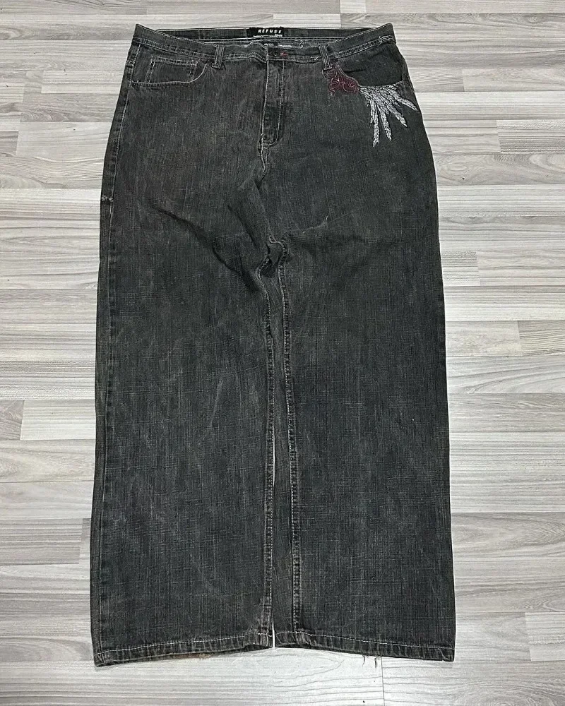 Calça jeans retrô azul larga masculina e feminina, roupa de rua, harajuku, calça hip hop, bordada asa, cintura alta, calça larga, nova, Y2K