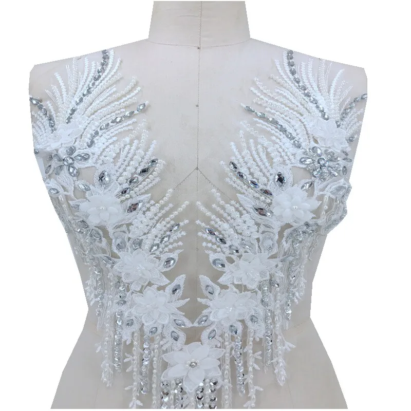 

White Beaded Rhinestone Lace Patch Diamond Embroidered Appliqued Evening Dress Performance Handmade 3D Floral Accessories