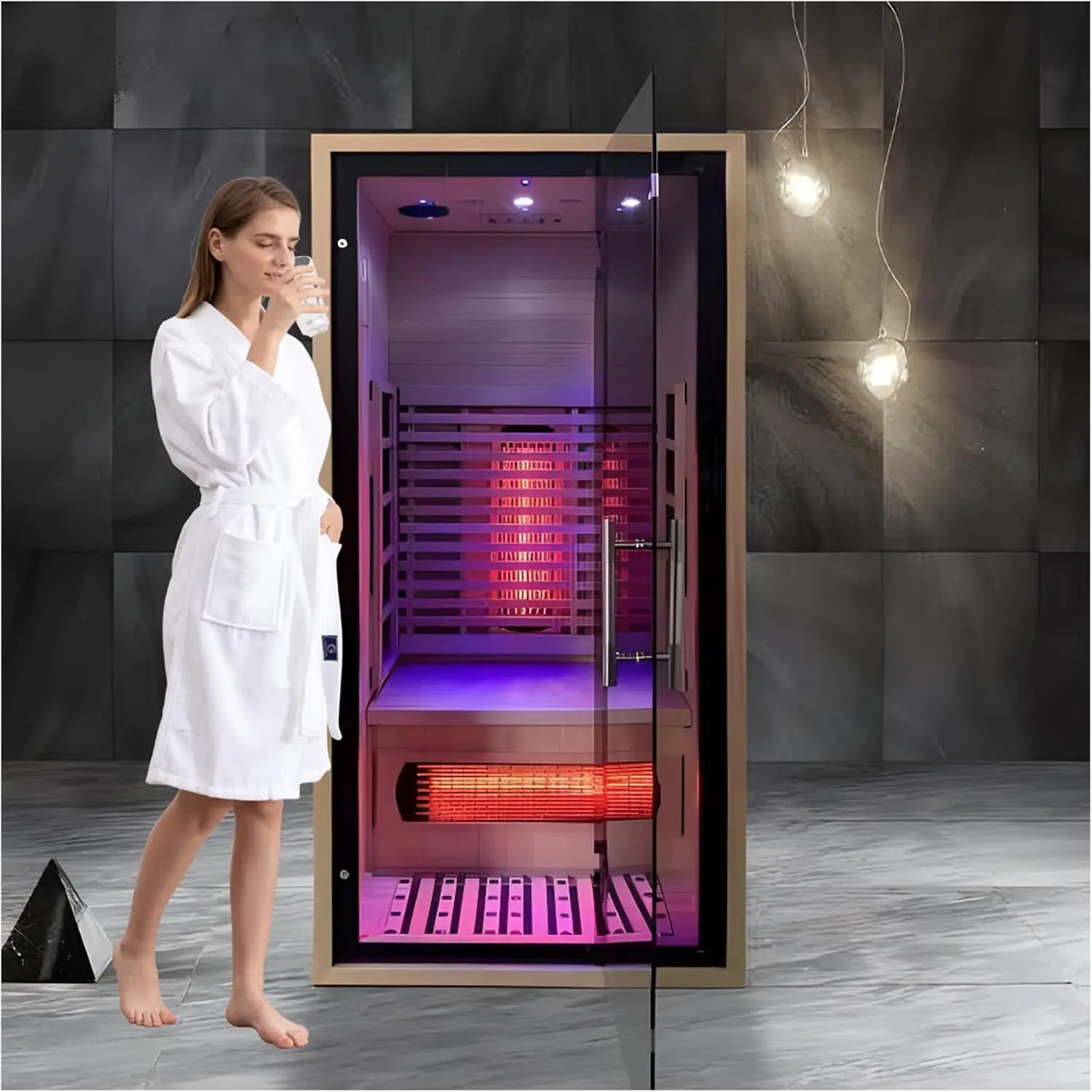 1 People Indoor Infrared Sauna Low EMF Full Spectrum Red Heater Canadian Hemlock Wood 7-Color Light Reading Lamp 1350W 120V