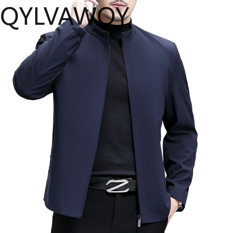 QYLVAWOY 100% Polyester Spring Autumn Stand Collar Jacket Casual Top Lightweight Middle-Aged Men's Versatile Outerwear LJ2158