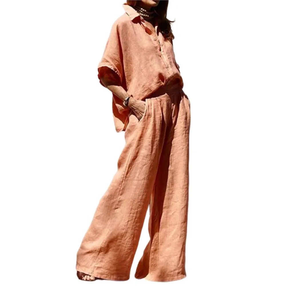 Women Fashion Solid Color Loose Turn Down Collar Blouse Wide Leg Pants Two Piece Set Summer Casual Single Breasted Shirt Outfits