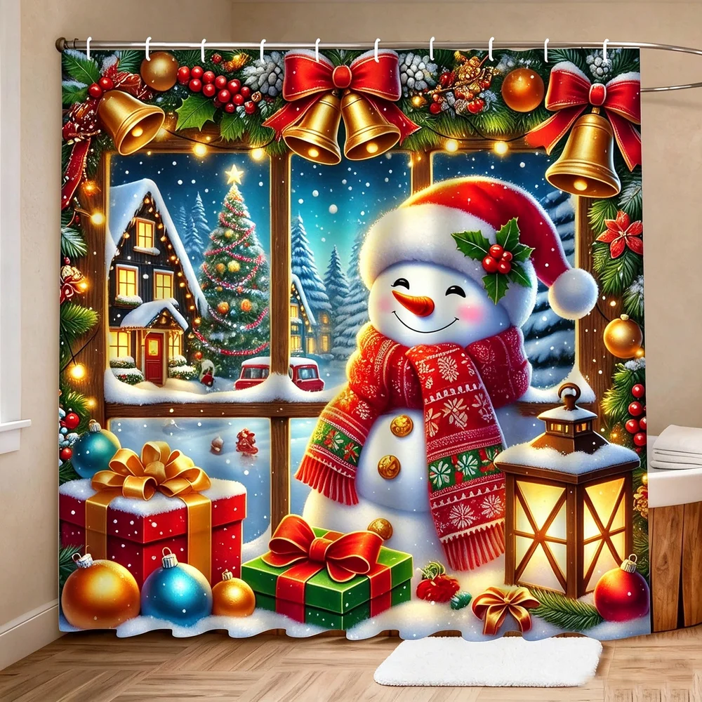 Christmas Shower Curtain, Winter Holiday Farm Snowman Santa Claus Christmas Tree Farmhouse Christmas Balls Bathroom Curtain