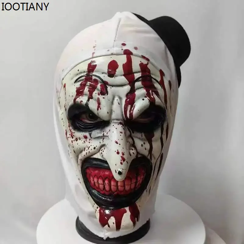 Horror Clown Cosplay Mask With Hat Halloween Bloody Clown Latex Props Masquerade Fear Headgear Party Terrorist Adult Accessories