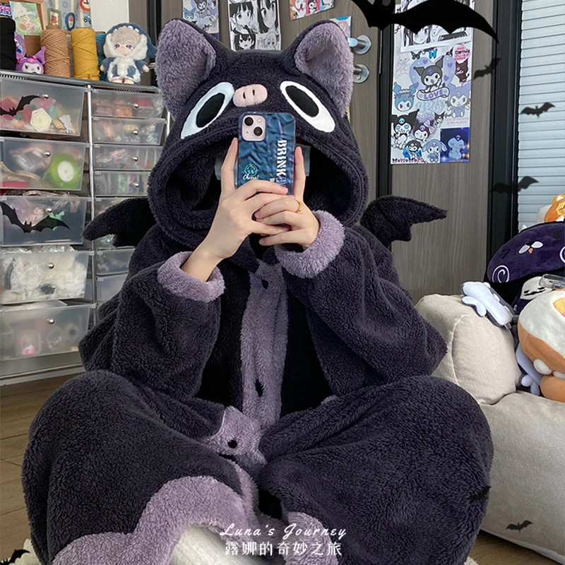 Winter Couple Pajamas Women Men Pijama Sleepwear Cartoon Cat Jumpsuits Nightwear Night Gown Sleeping Gown Robe Nightdress