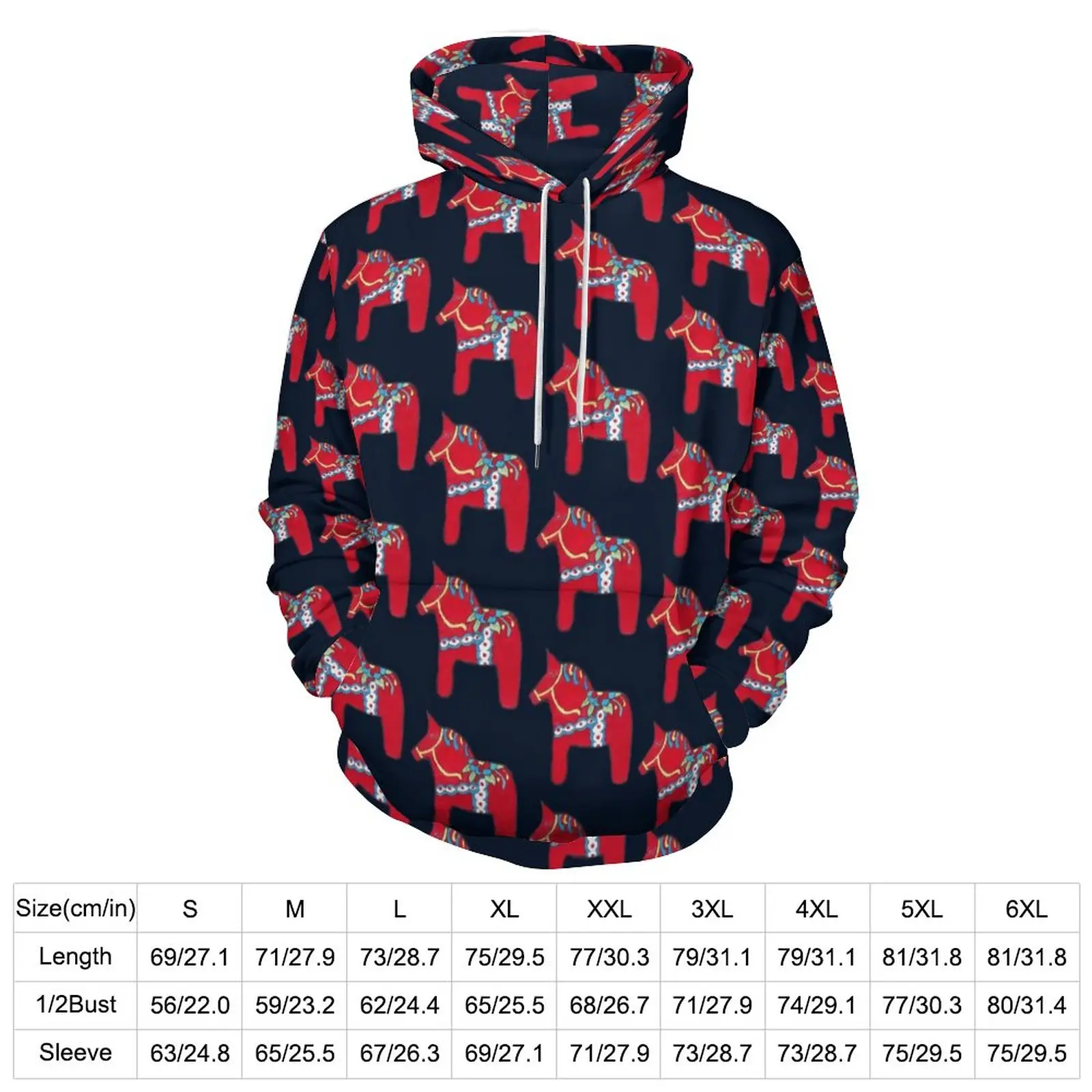 Dala Horse Casual Hoodies Man Retro Animal Print Retro Design Hooded Sweatshirts Spring Long Sleeve Loose Oversized Hoodie Gift